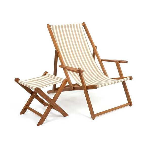 Remal Outdoor Lounge Chair – Iroko Wood Frame with Beige Striped Fabric - Gallery 1