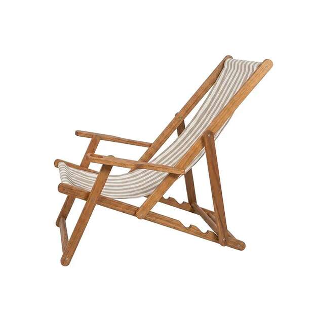 Remal Outdoor Lounge Chair – Iroko Wood Frame with Beige Striped Fabric - Gallery 2