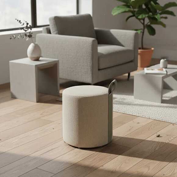 Modern round Pouf cushion in beige with a pistachio leather handle. - Gallery 1