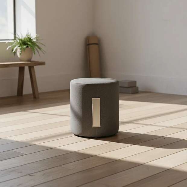 Modern Dark Gray Round Pouf with Light Leather Handle - Gallery 1