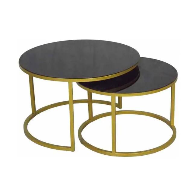 Venice set - Set of 2 round 304 stainless steel tables - Gold -Securit glass - Gallery 1