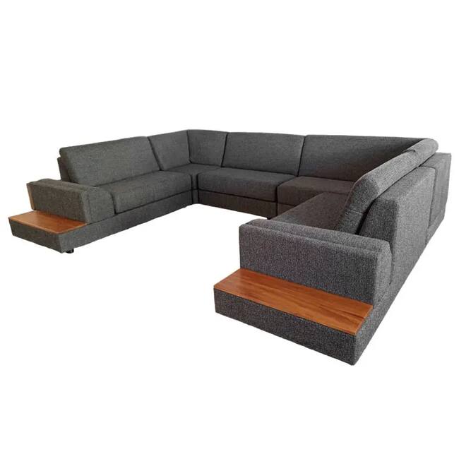 U-shaped corner sofa, oak wood, black patterned fabric - Gallery 1