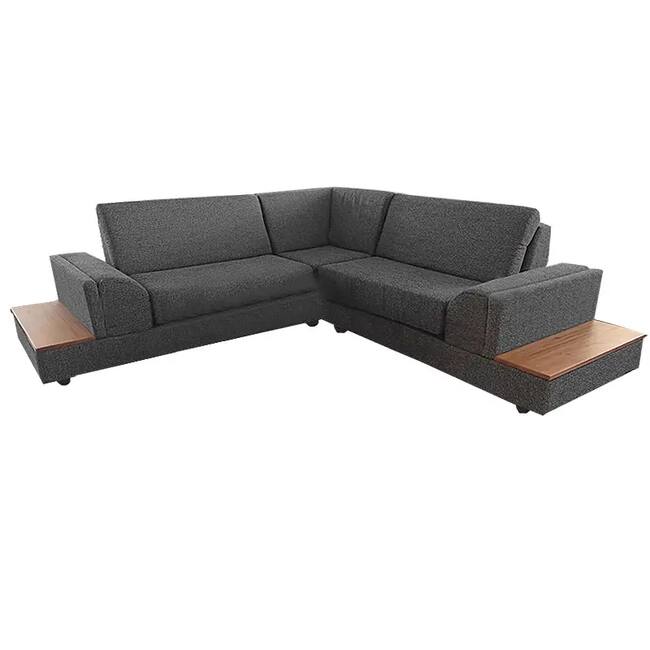 U-shaped corner sofa, oak wood, black patterned fabric - Gallery 2