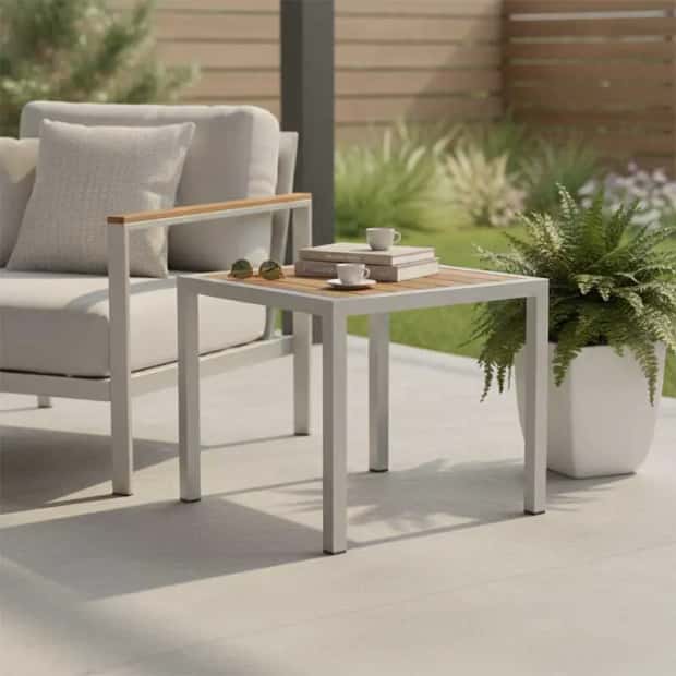 Square Aluminum Coffee Table, Gray x iroko Wood - Gallery 1