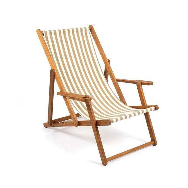 Remal Outdoor Lounge Chair – Iroko Wood Frame with Beige Striped Fabric