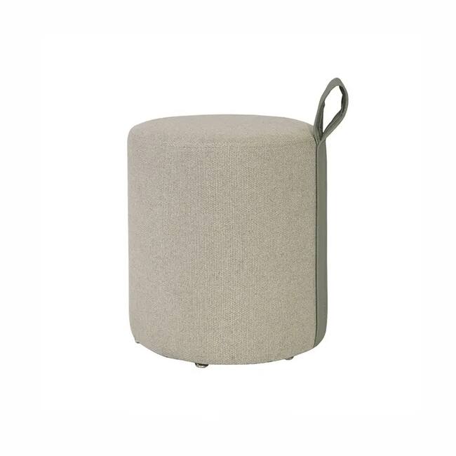 Modern round Pouf cushion in beige with a pistachio leather handle.