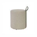 Modern round Pouf cushion in beige with a pistachio leather handle.
