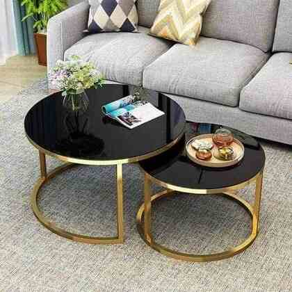 Venice set - Set of 2 round 304 stainless steel tables - Gold -Securit glass